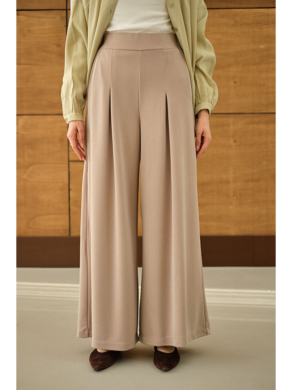 Ekru Kadın Bol Paça Pantolon Krem-4