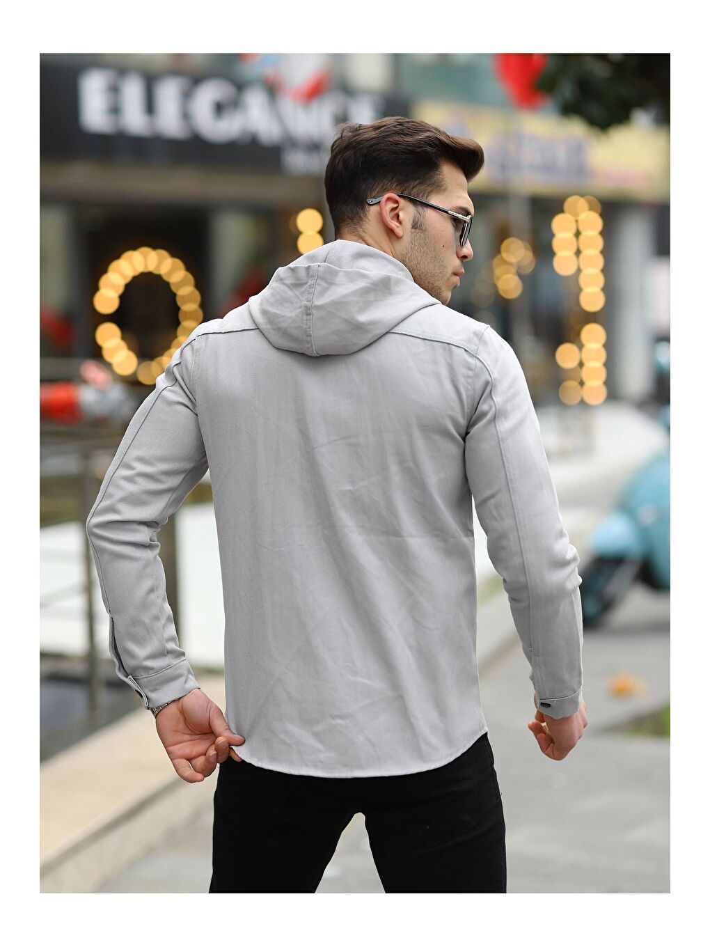 Erkek Kapüşonlu Çıt Çıtlı Bol Basic Gri Jean Gömlek-3