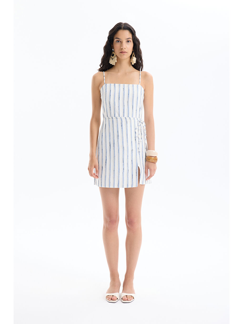 Önü Bağlamalı Yırtmaçlı Keten Mini Elbise Mavi-2