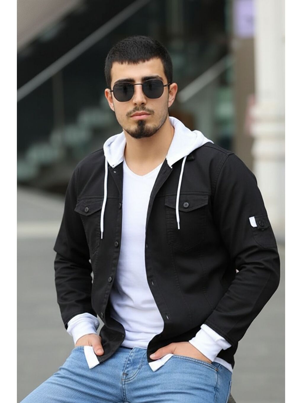 Siyah Erkek Slim Fit Penye Kapüşonlu Düğmeli Jean Gömlek-3