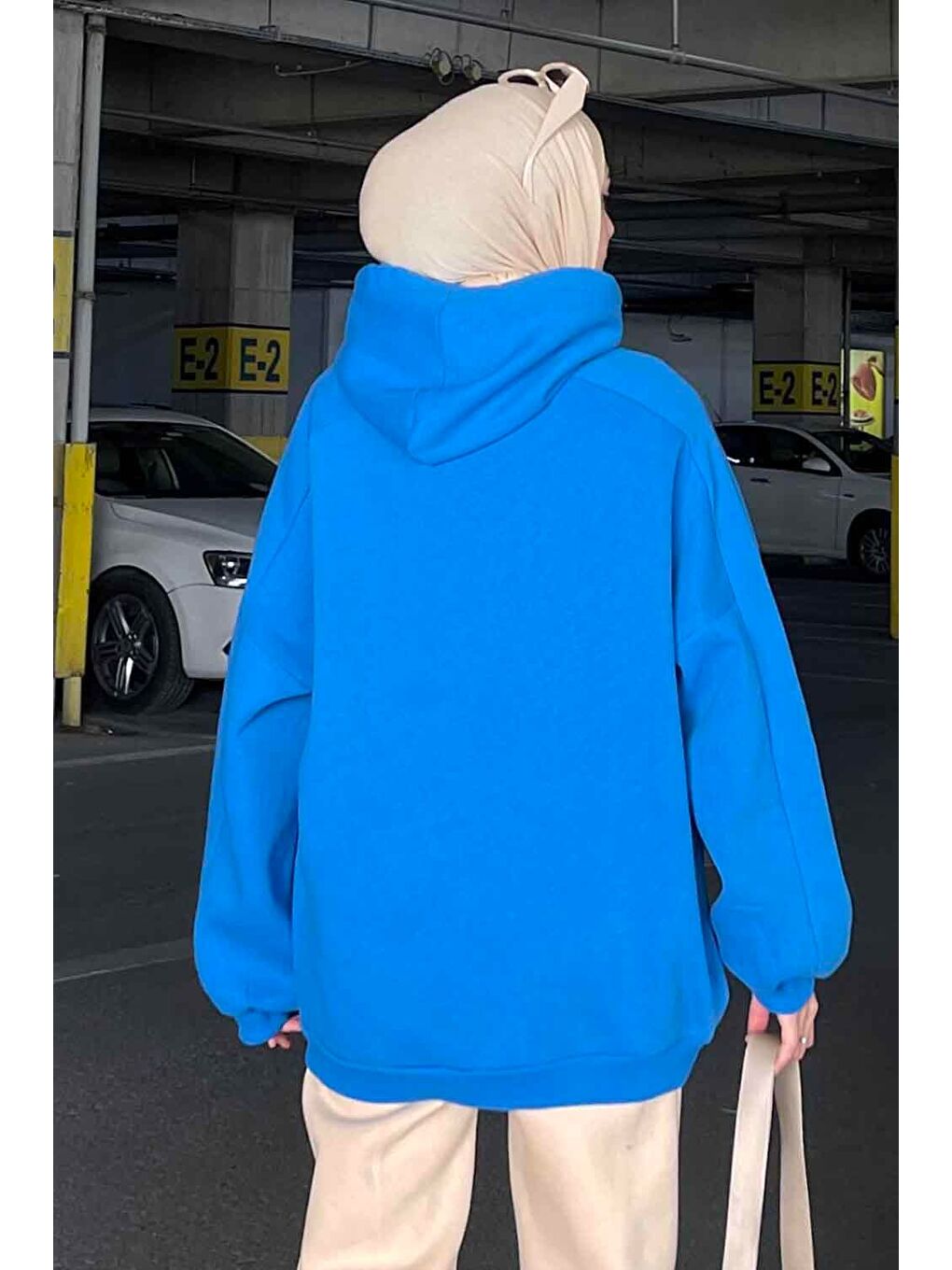 Kapüşonlu Oversize Yan Cepli Sweat Saks Mavisi-3
