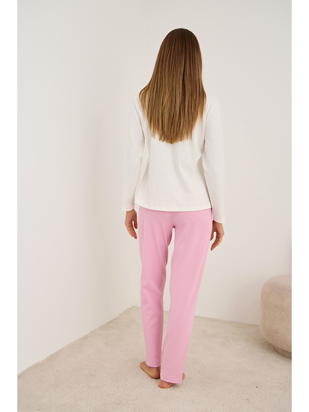 Pembe Kalp Nakışlı Pamuklu Fitilli Kaşkorse Örme Pijama Takım25226013-2