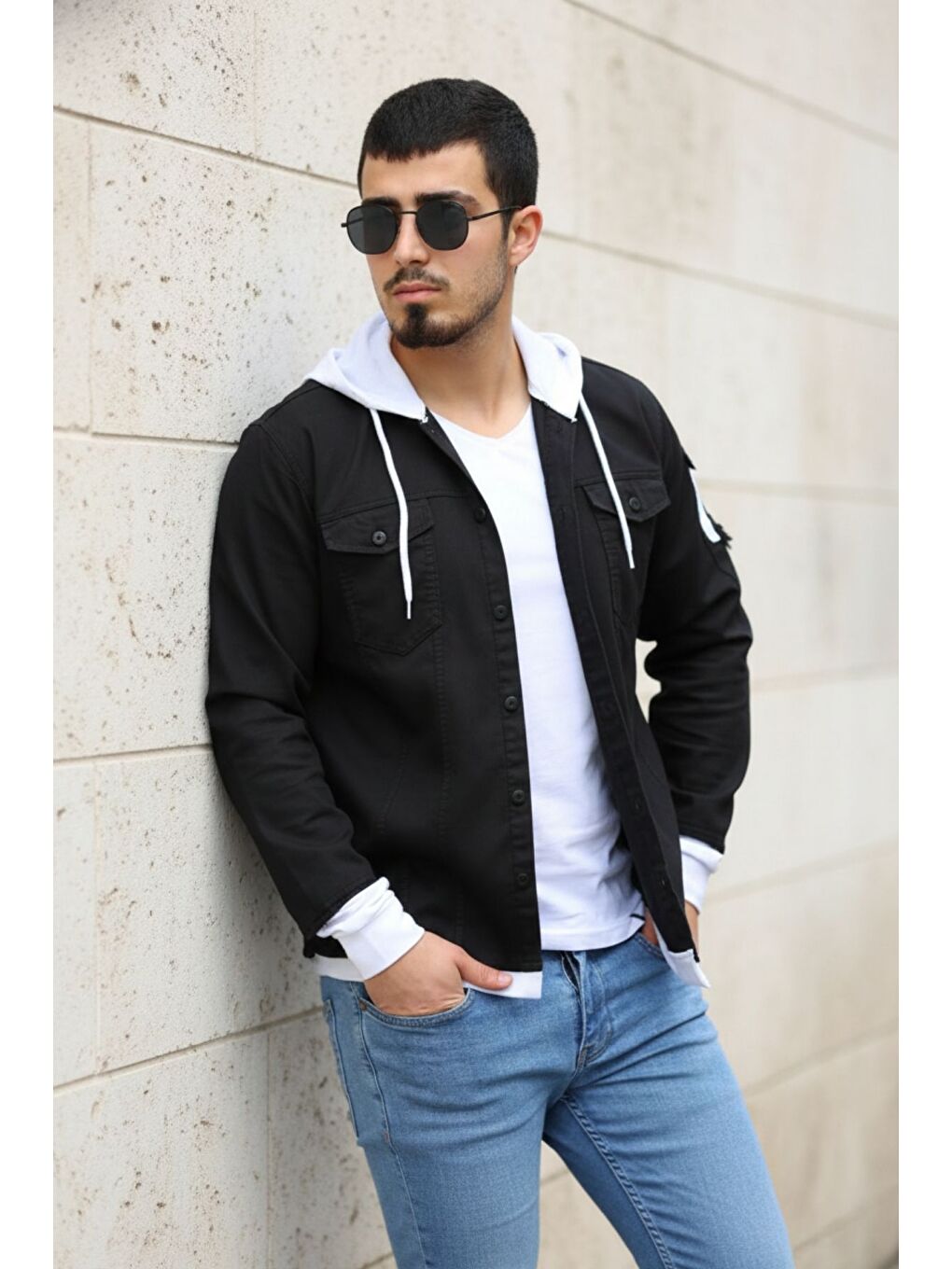 Siyah Erkek Slim Fit Penye Kapüşonlu Düğmeli Jean Gömlek-4