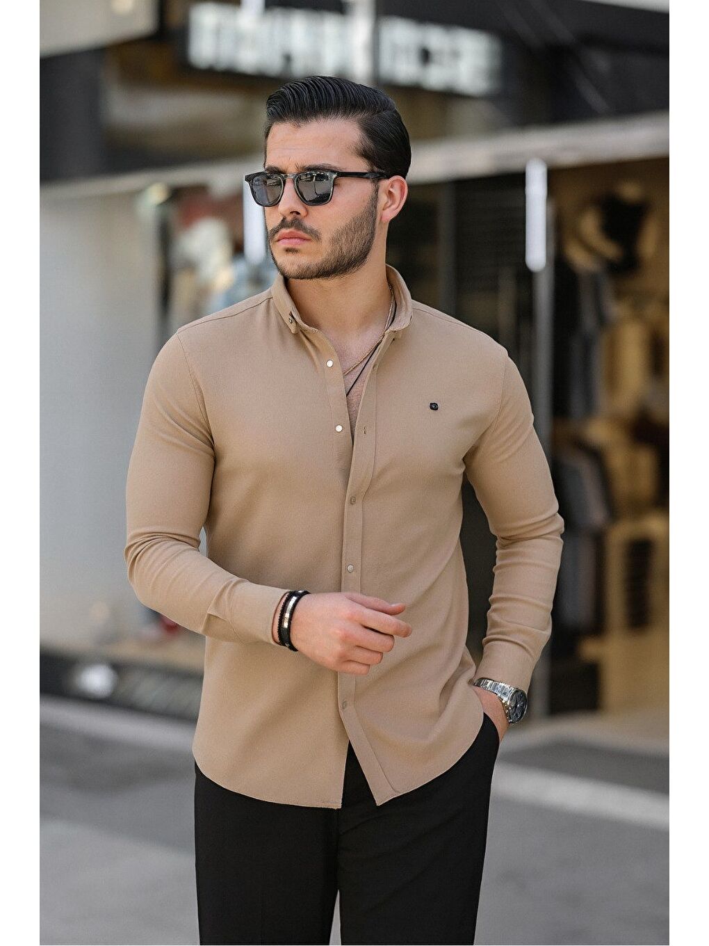 Erkek Basic Slim Fit Uzun Kol Bej Dar Jean Gömlek