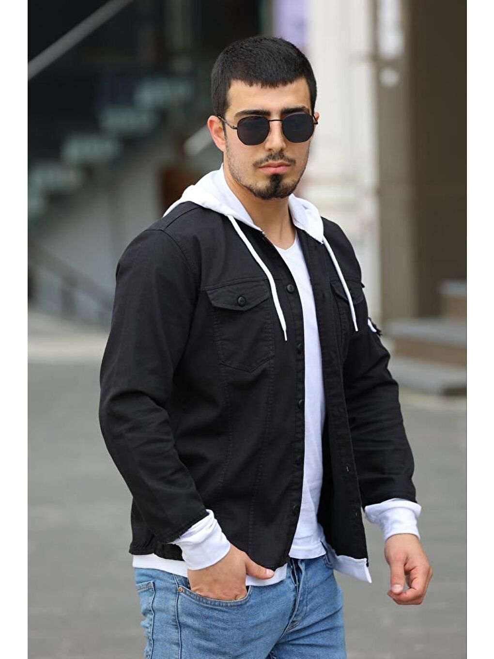 Siyah Erkek Slim Fit Penye Kapüşonlu Düğmeli Jean Gömlek-5