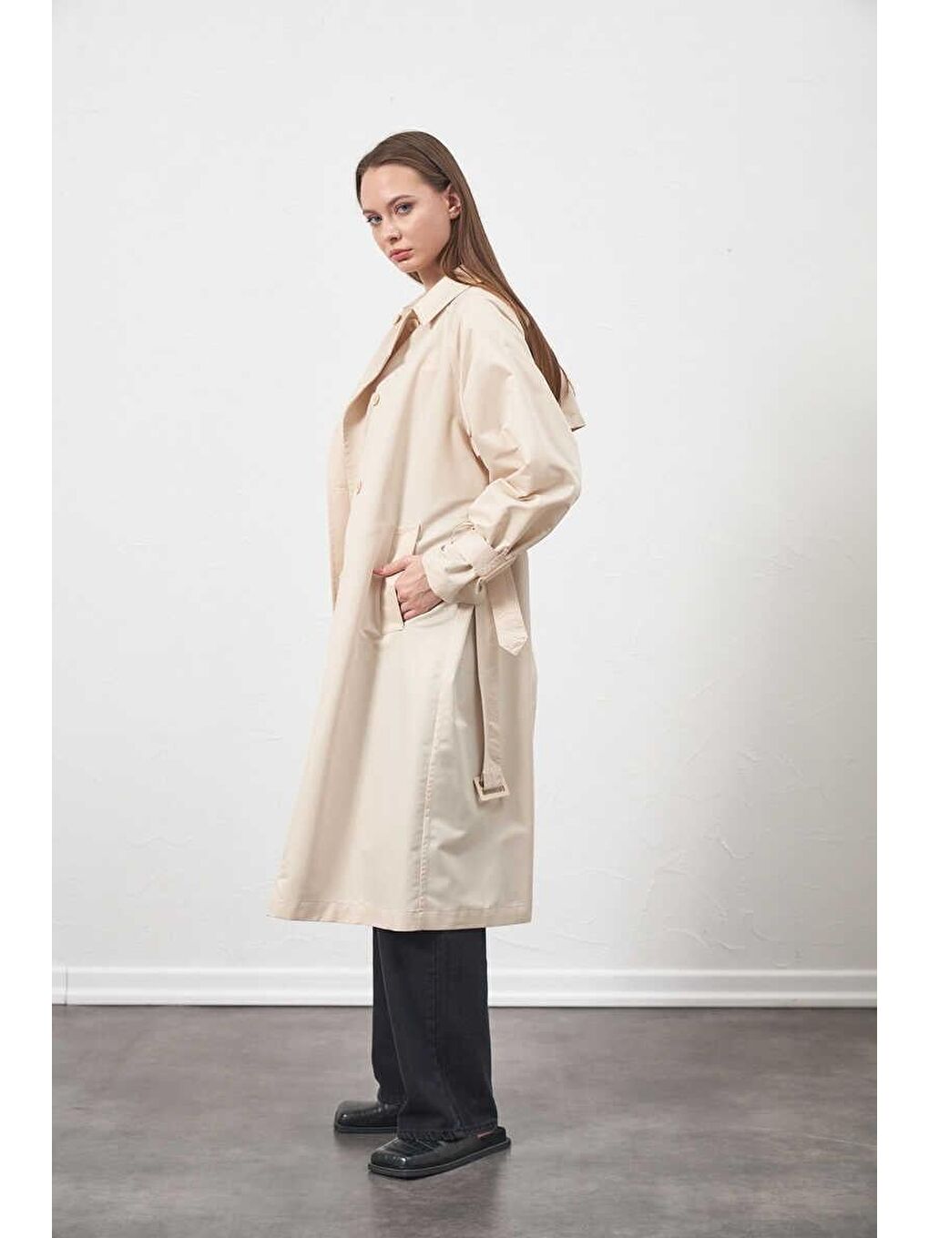 Tokalı Oversize Trenchcoat Ekru-1