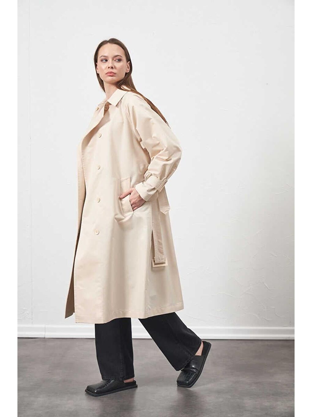 Tokalı Oversize Trenchcoat Ekru-2