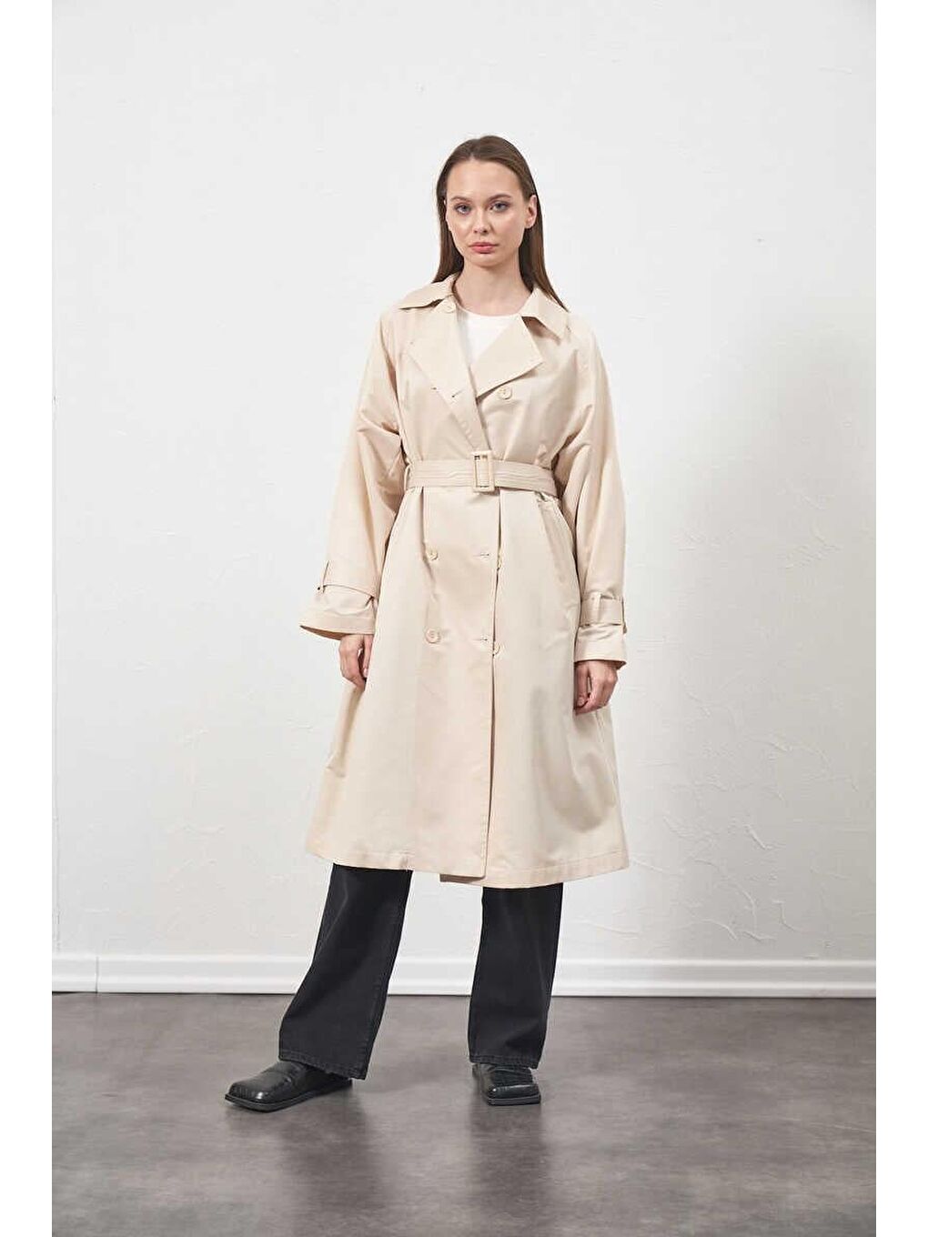 Tokalı Oversize Trenchcoat Ekru-3