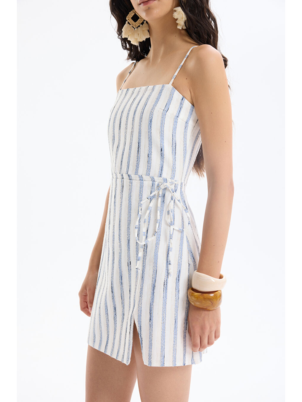 Önü Bağlamalı Yırtmaçlı Keten Mini Elbise Mavi-3