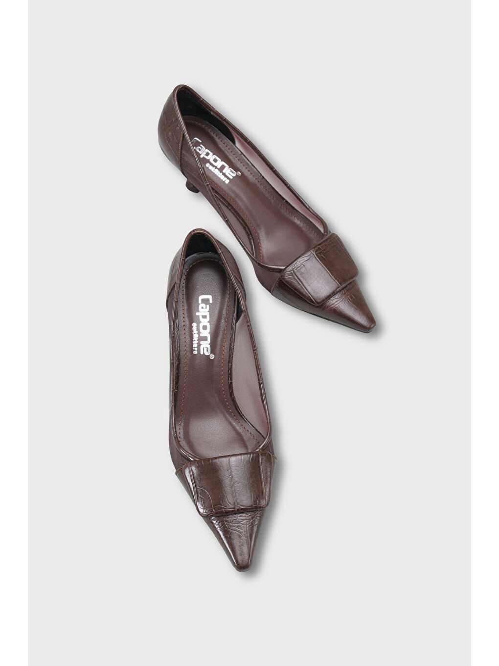 Kahverengi Fidela Fileli Sivri Burunlu Orta Topuklu Kadın Ayakkabı-5