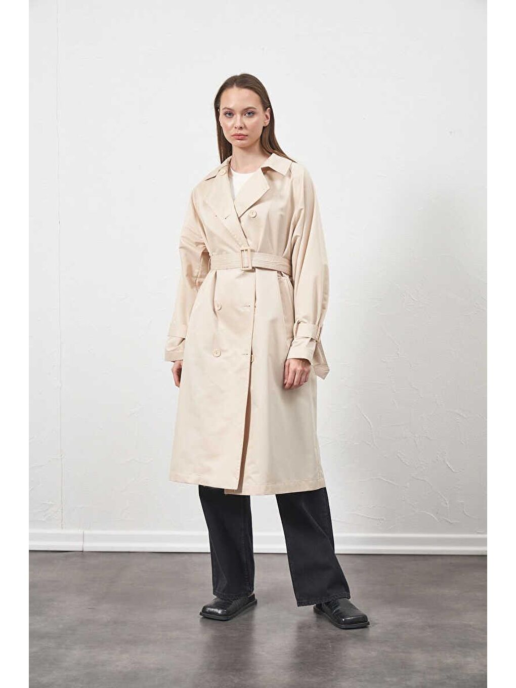 Tokalı Oversize Trenchcoat Ekru-4