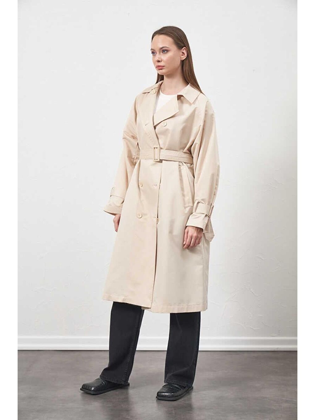 Tokalı Oversize Trenchcoat Ekru-5