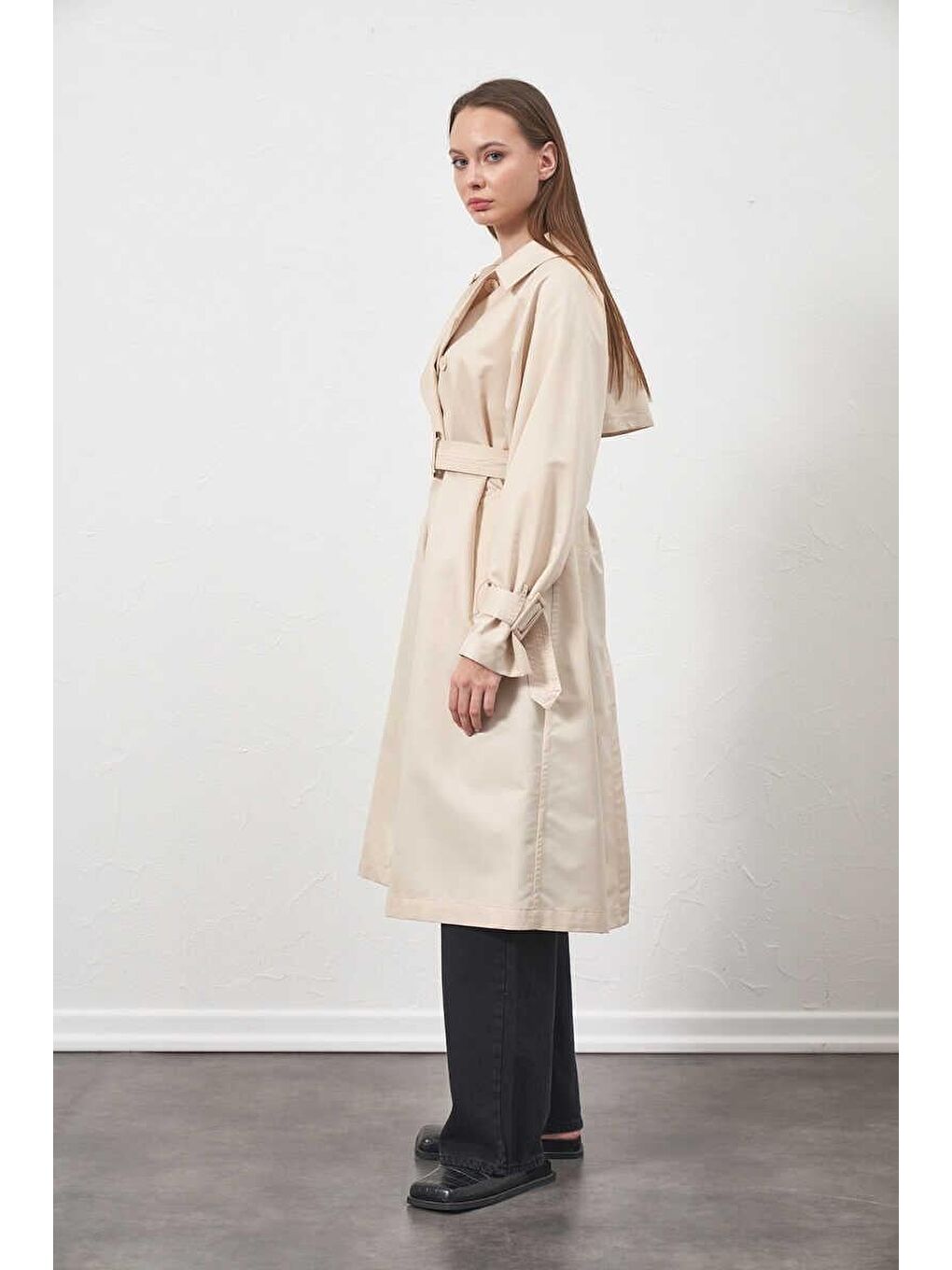 Tokalı Oversize Trenchcoat Ekru-6