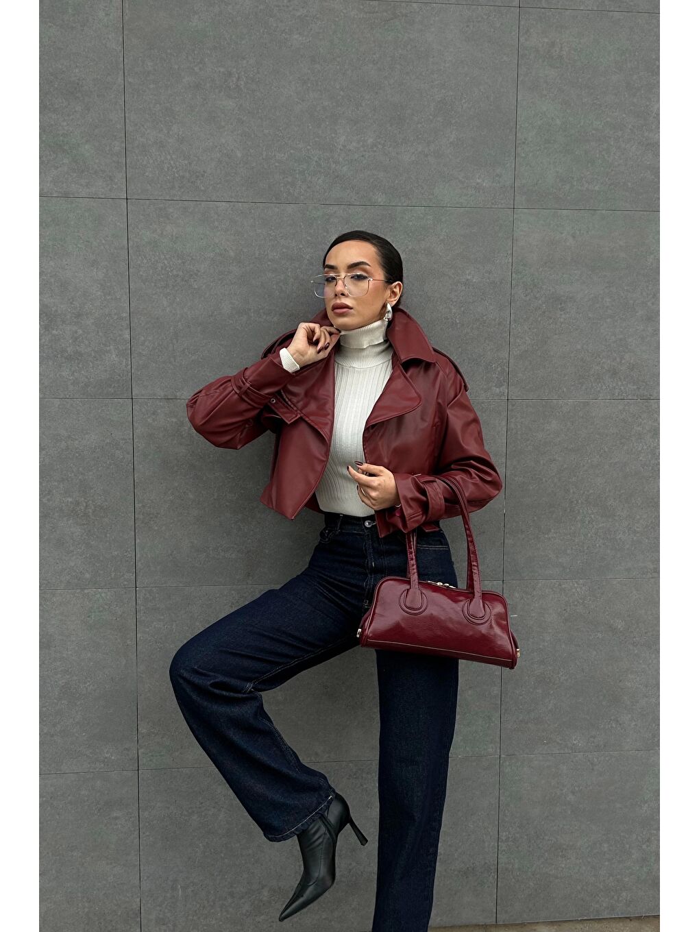 Kadın Bordo Crop Deri Ceket 0990-5055-5