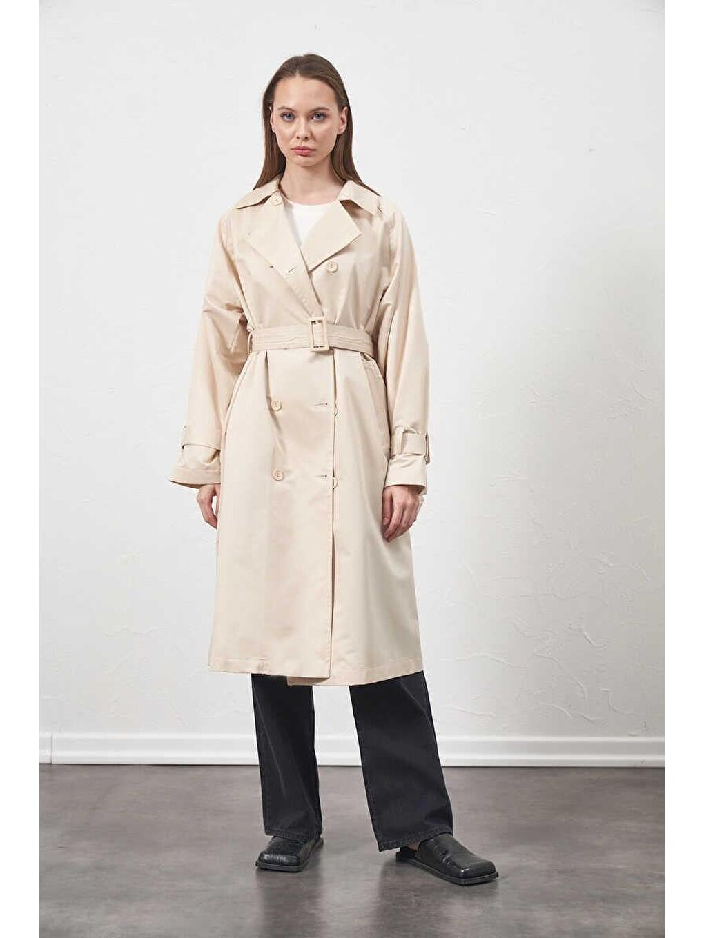 Tokalı Oversize Trenchcoat Ekru-7