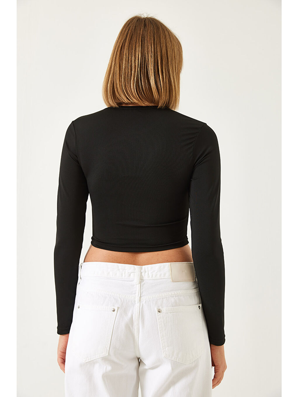 Siyah Kadın Bisiklet Yaka Önü Pencereli Bluz-5