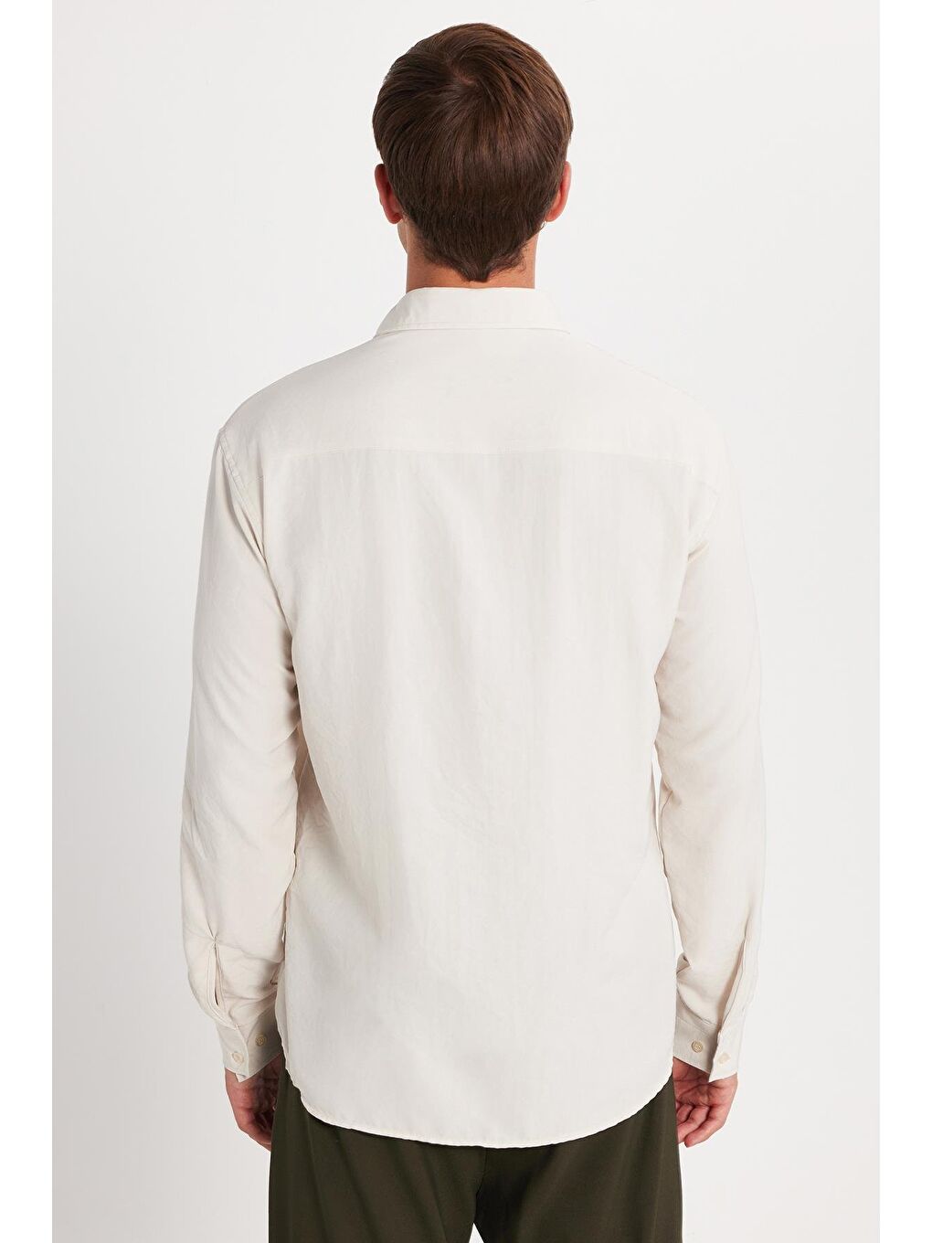 Bej Oversize Mevsimlik Keten Dokulu Bol Kalıp Uzun Kollu Rahat Kullanım Erkek Taş Gömlek-4