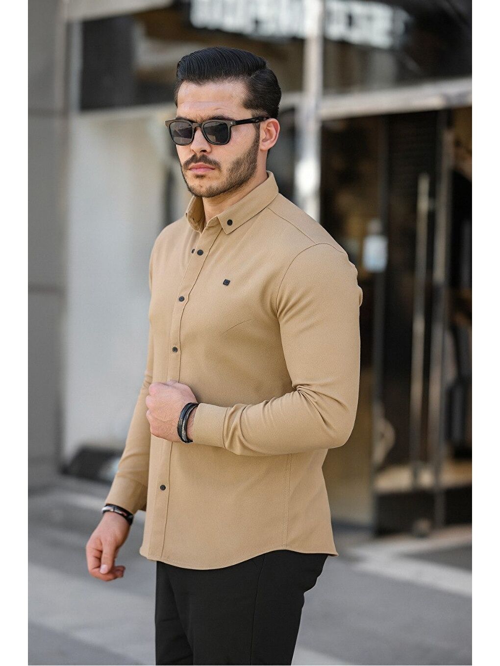 Erkek Basic Slim Fit Uzun Kol Bej Dar Jean Gömlek-1