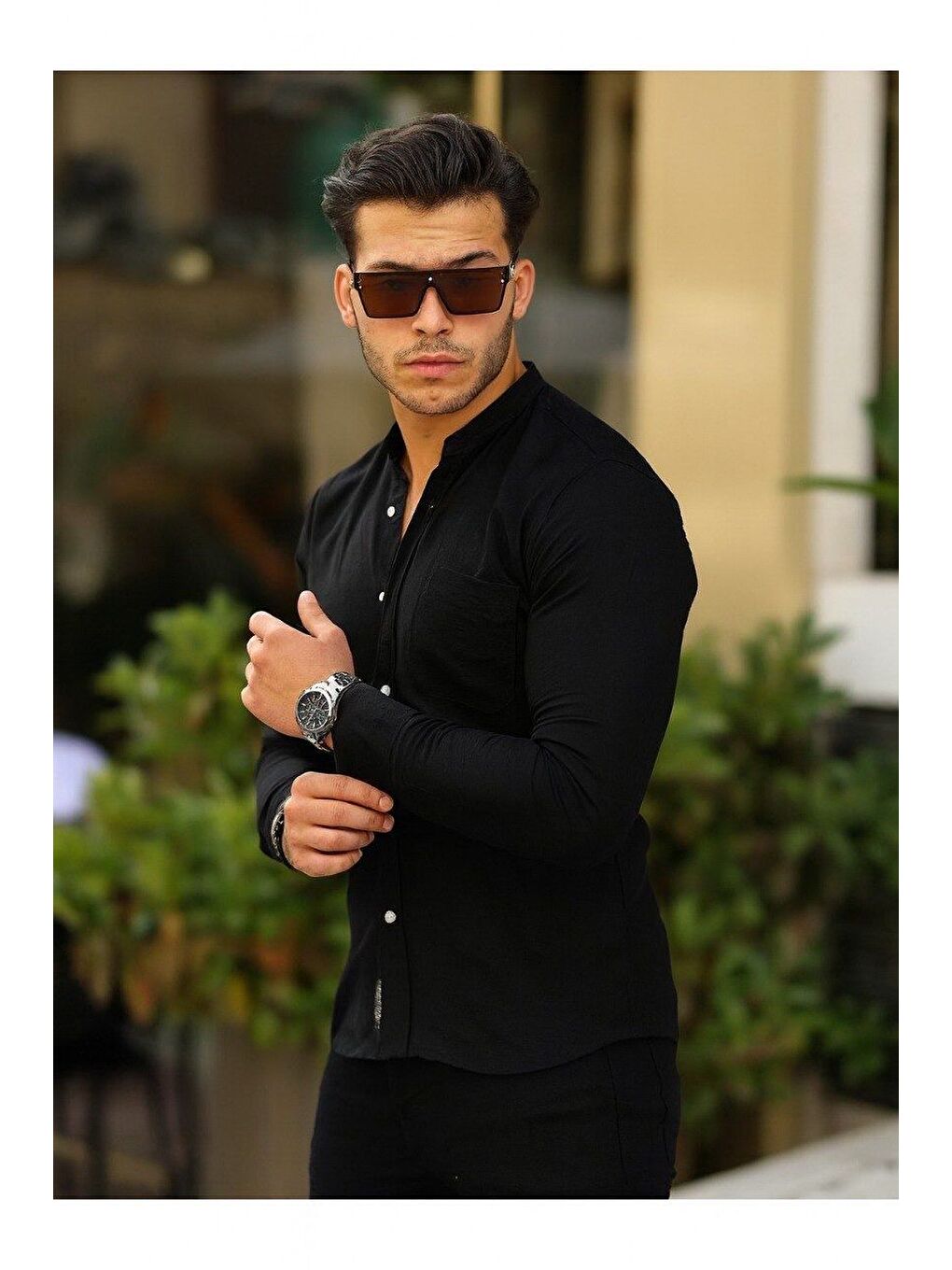 Siyah Erkek A Kalite Keten Slim Fit Kapaksız Hakim Yaka Uzun Kol Gömlek