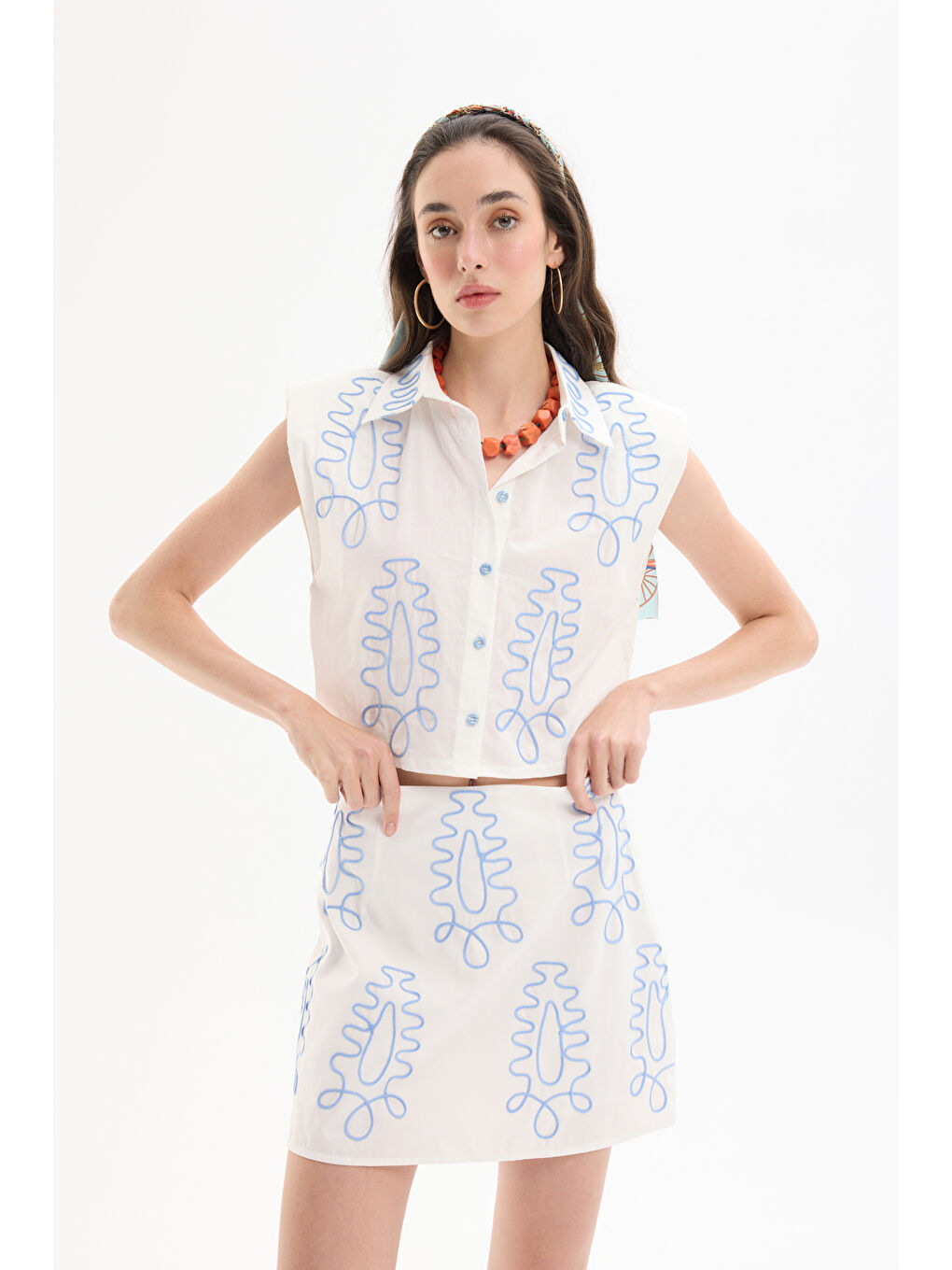 Etnik Motif Nakışlı Vatkalı Gömlek Ekru-2