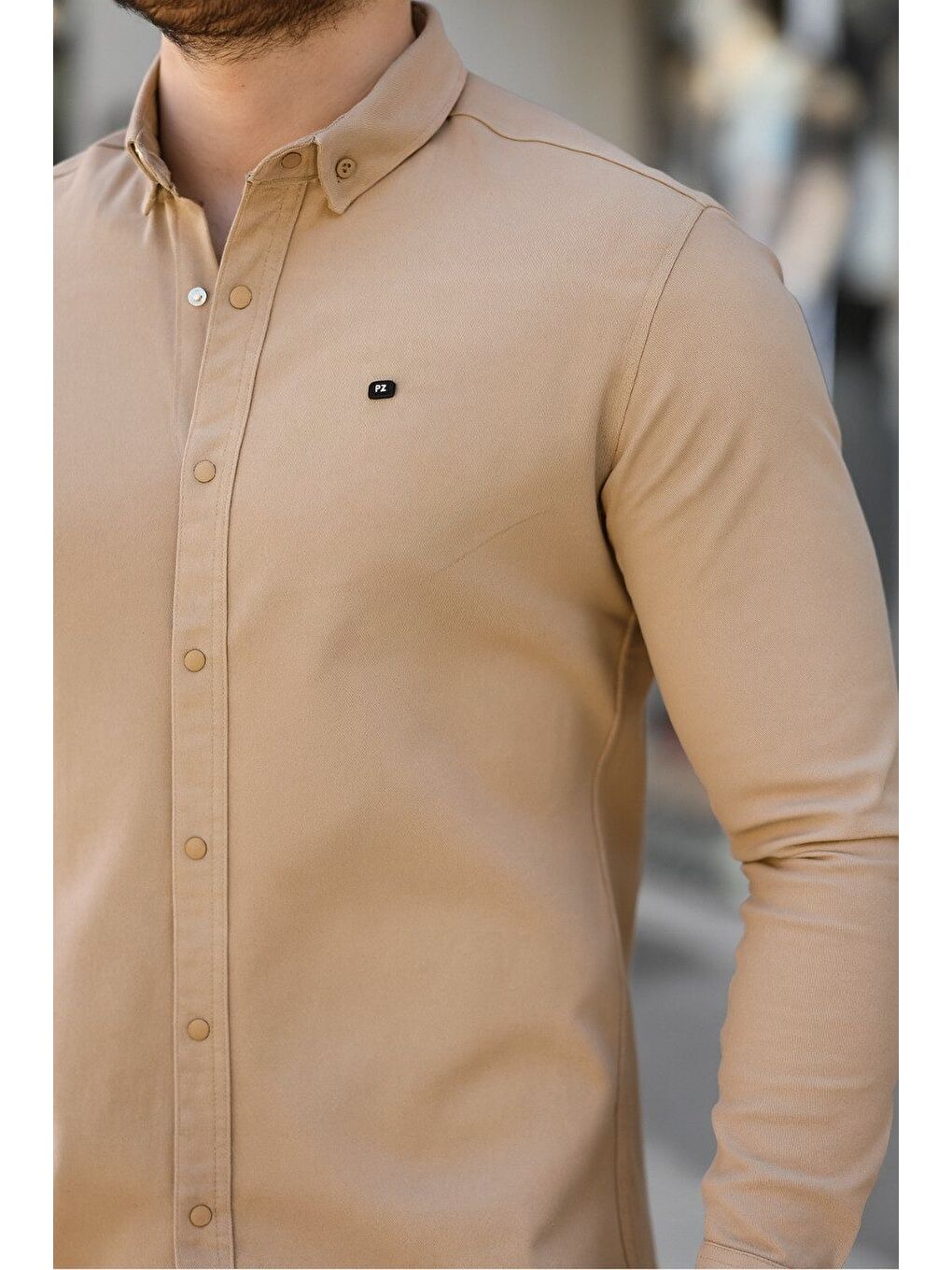 Erkek Basic Slim Fit Uzun Kol Bej Dar Jean Gömlek-3