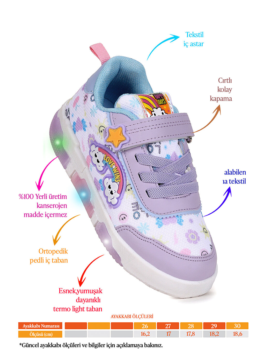 Lila Bulut Cırtlı Işıklı Kız Çocuk Günlük Spor Ayakkabı-1