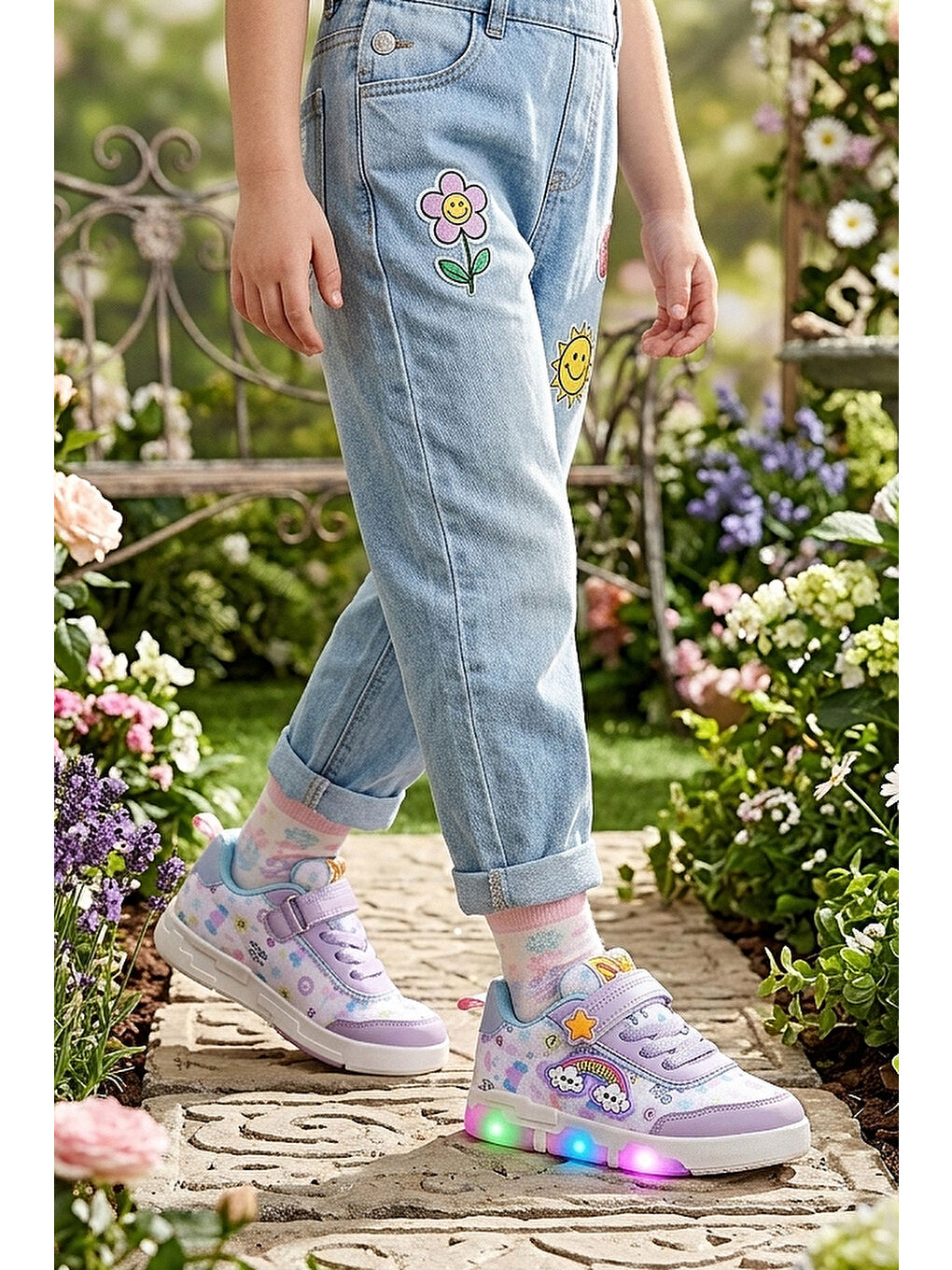 Lila Bulut Cırtlı Işıklı Kız Çocuk Günlük Spor Ayakkabı-2