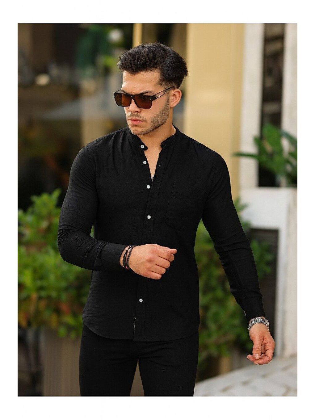 Siyah Erkek A Kalite Keten Slim Fit Kapaksız Hakim Yaka Uzun Kol Gömlek-1