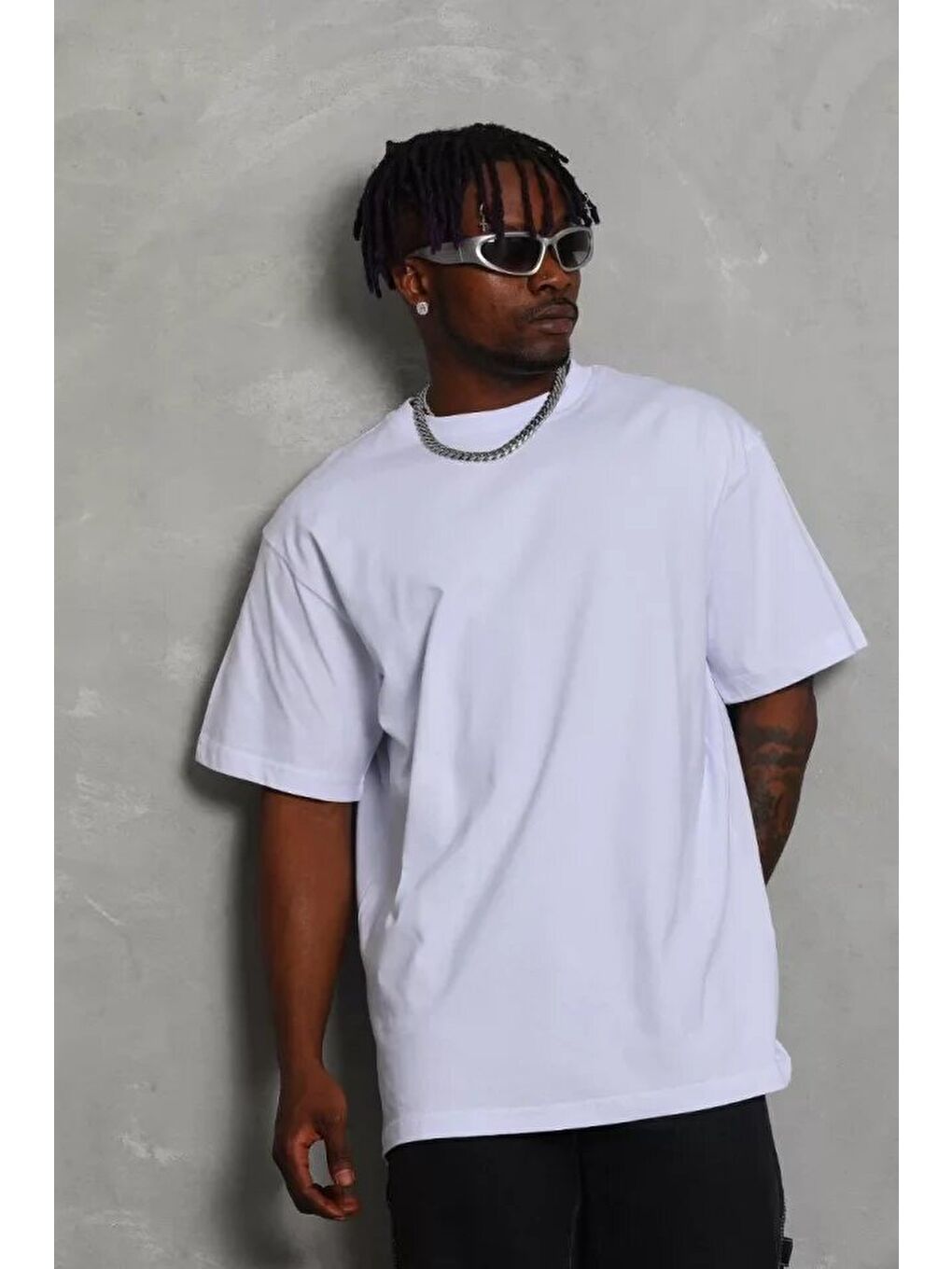 Unisex Oversize Düz Bisiklet Yaka T-Shirt - Beyaz