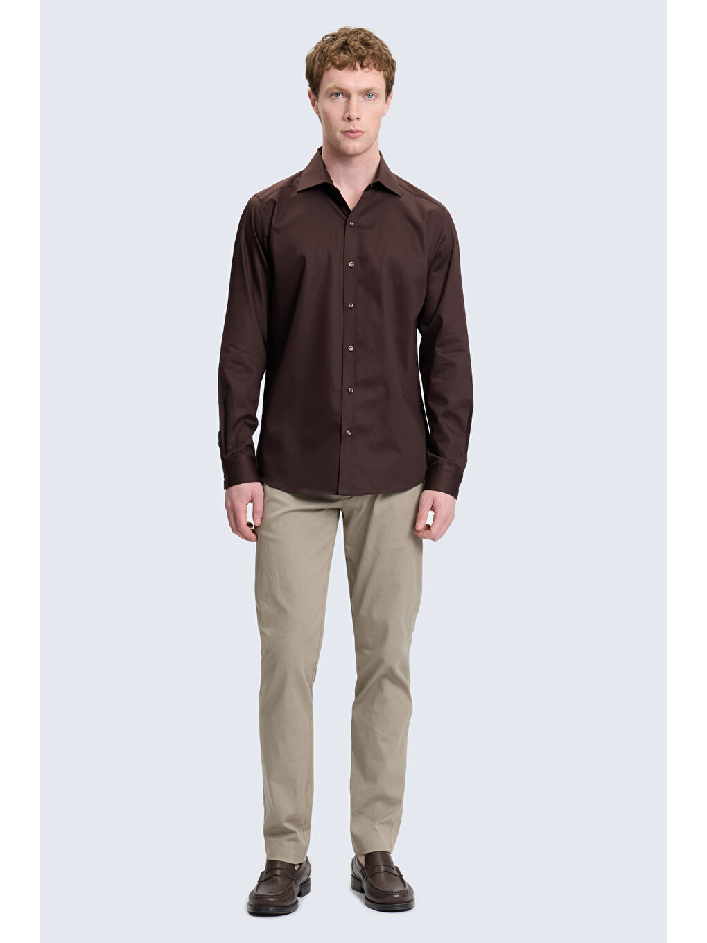Kahverengi Slim Fit İğneli Yaka 100% Pamuk Uzun Kollu Spor Gömlek-1