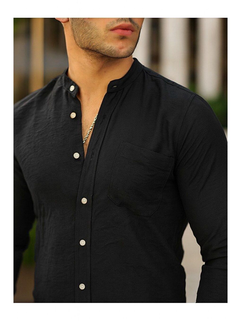 Siyah Erkek A Kalite Keten Slim Fit Kapaksız Hakim Yaka Uzun Kol Gömlek-2