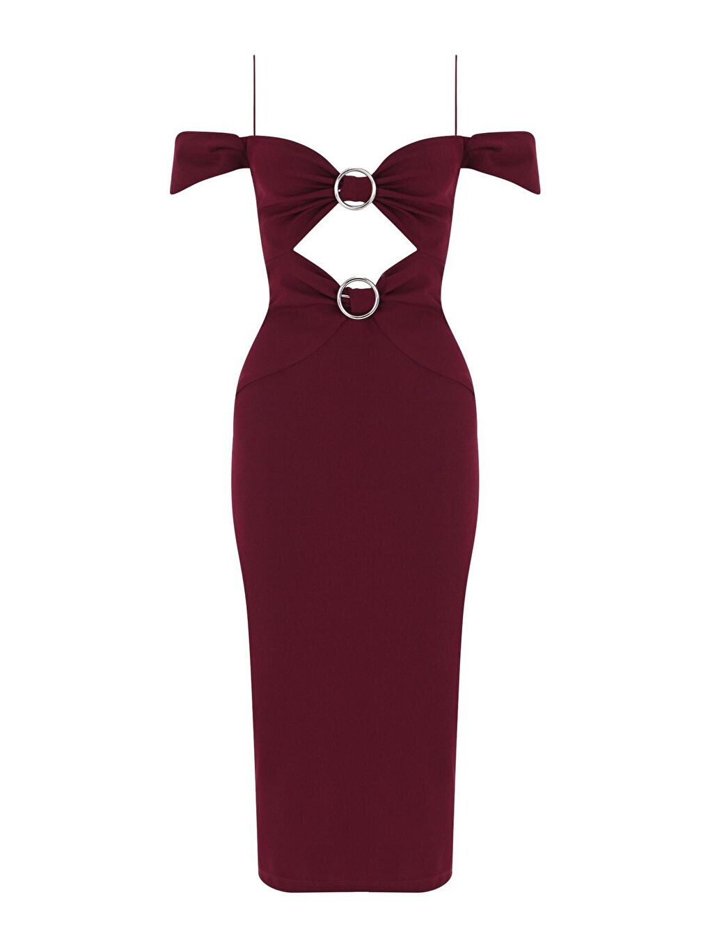 Bordo Düşük Kollu Göbek Ve Göğüs Halkalı Midi Boy Abiye Elbise