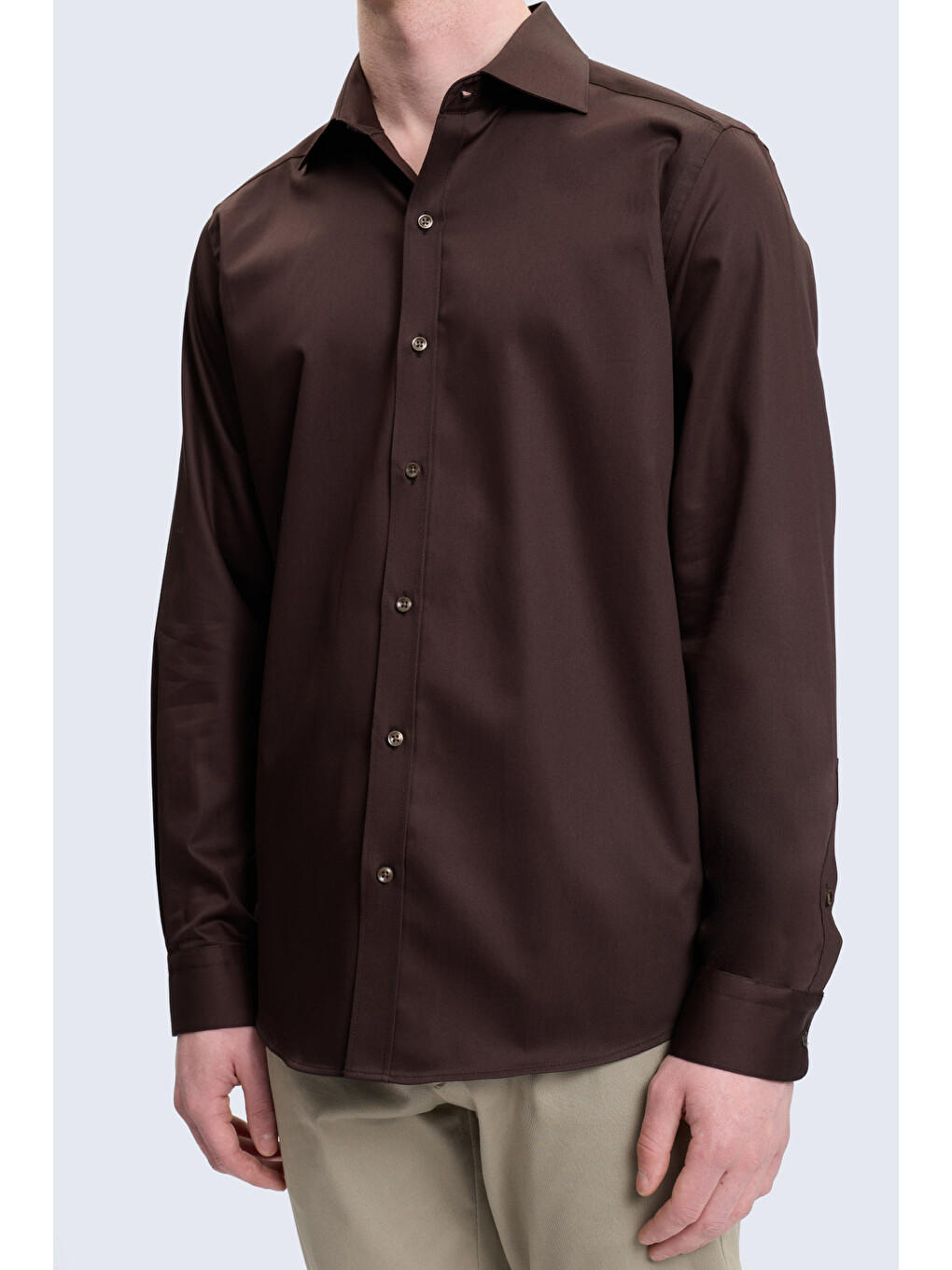 Kahverengi Slim Fit İğneli Yaka 100% Pamuk Uzun Kollu Spor Gömlek-2