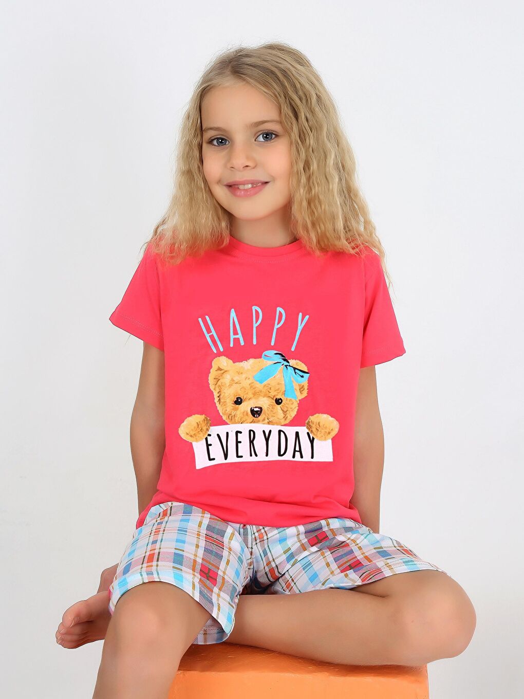 Fuşya Kız Çocuk Kısa Kollu Kapri %100 Pamuklu Happy Bear Pijama Takımı