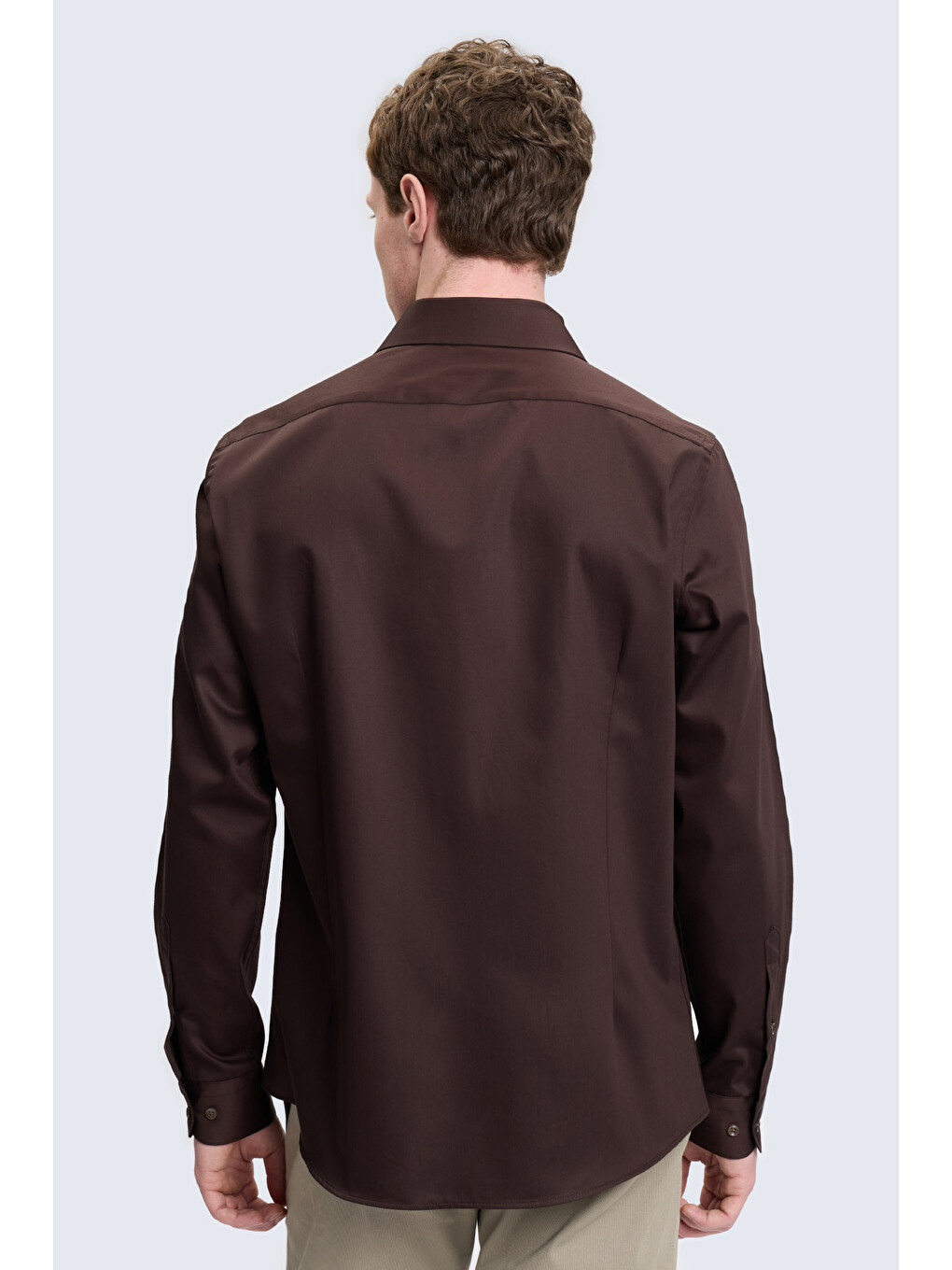Kahverengi Slim Fit İğneli Yaka 100% Pamuk Uzun Kollu Spor Gömlek-3