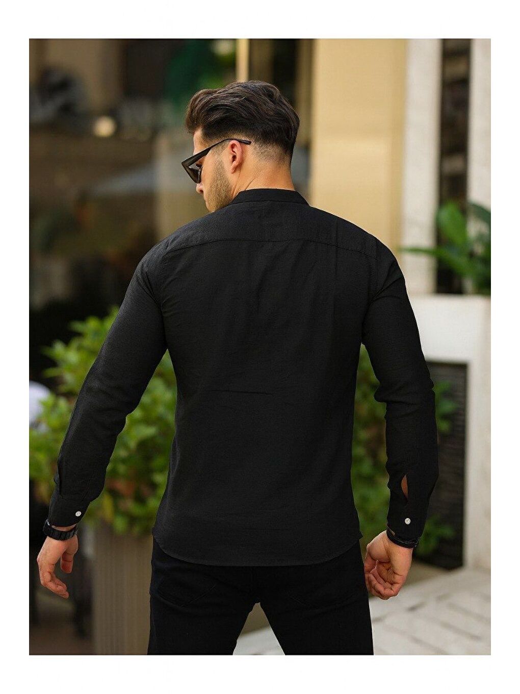 Siyah Erkek A Kalite Keten Slim Fit Kapaksız Hakim Yaka Uzun Kol Gömlek-3