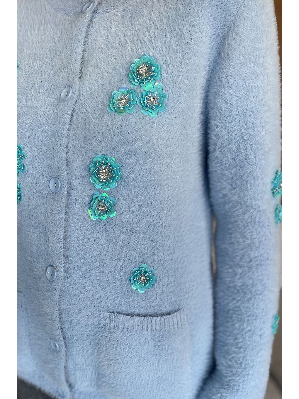 Mavi Kadın Pul İşlemeli Yumoş İplik Triko Ceket-2