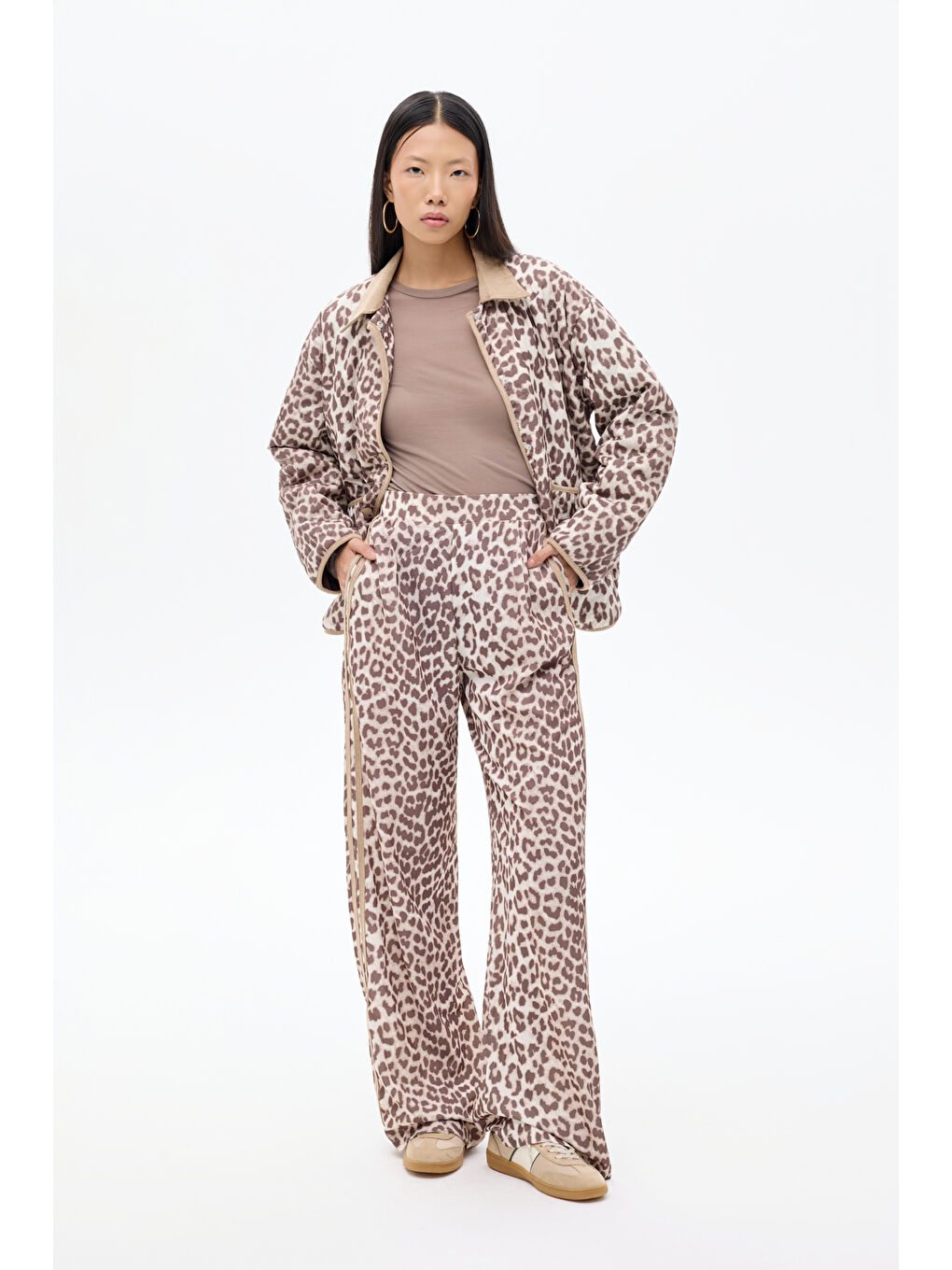 Leopar Desenli Şeritli Bol Paça Pantolon Kahverengi