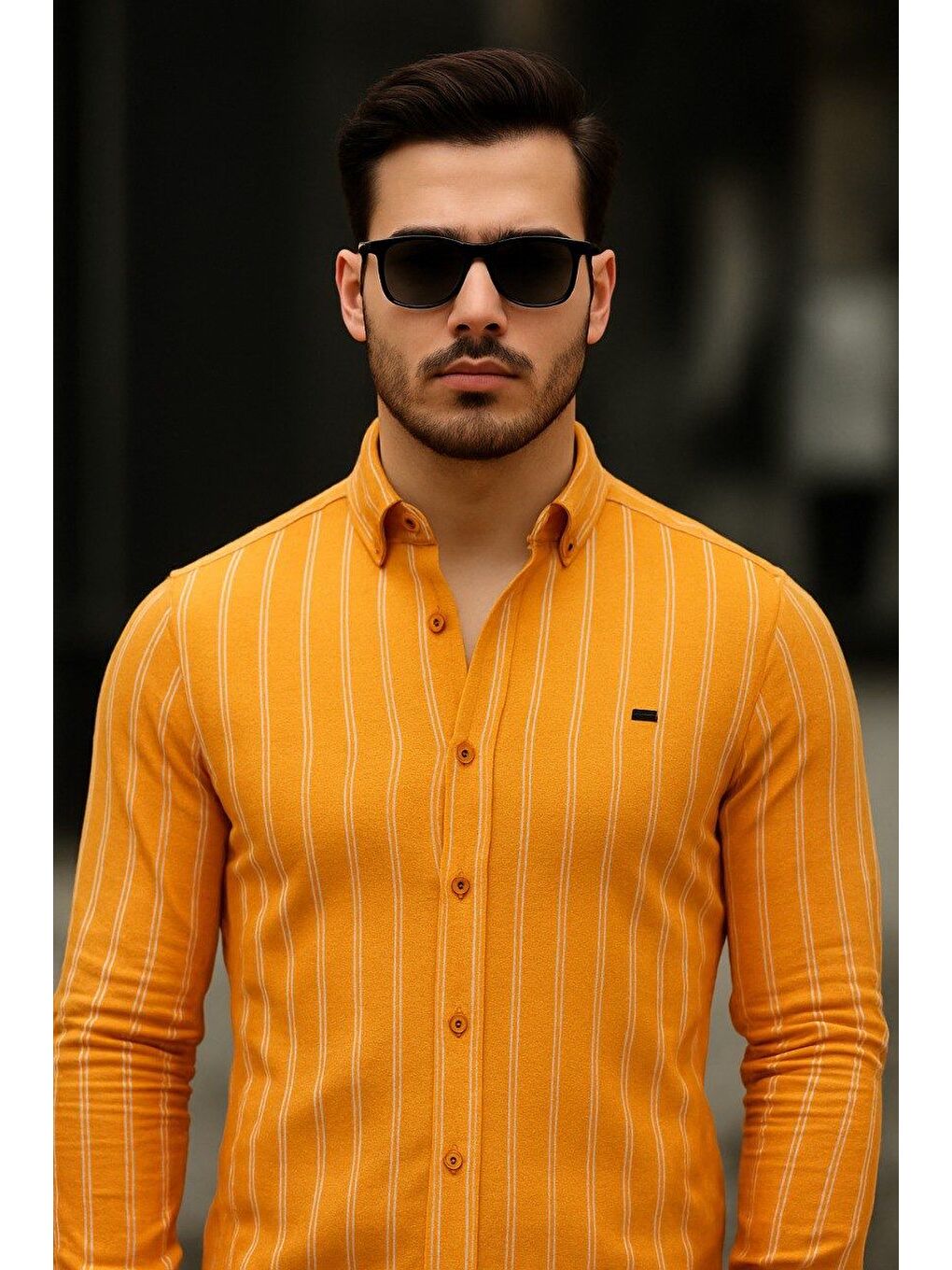 Turuncu Erkek Keten Kumaş Uzun Kollu Gömlek