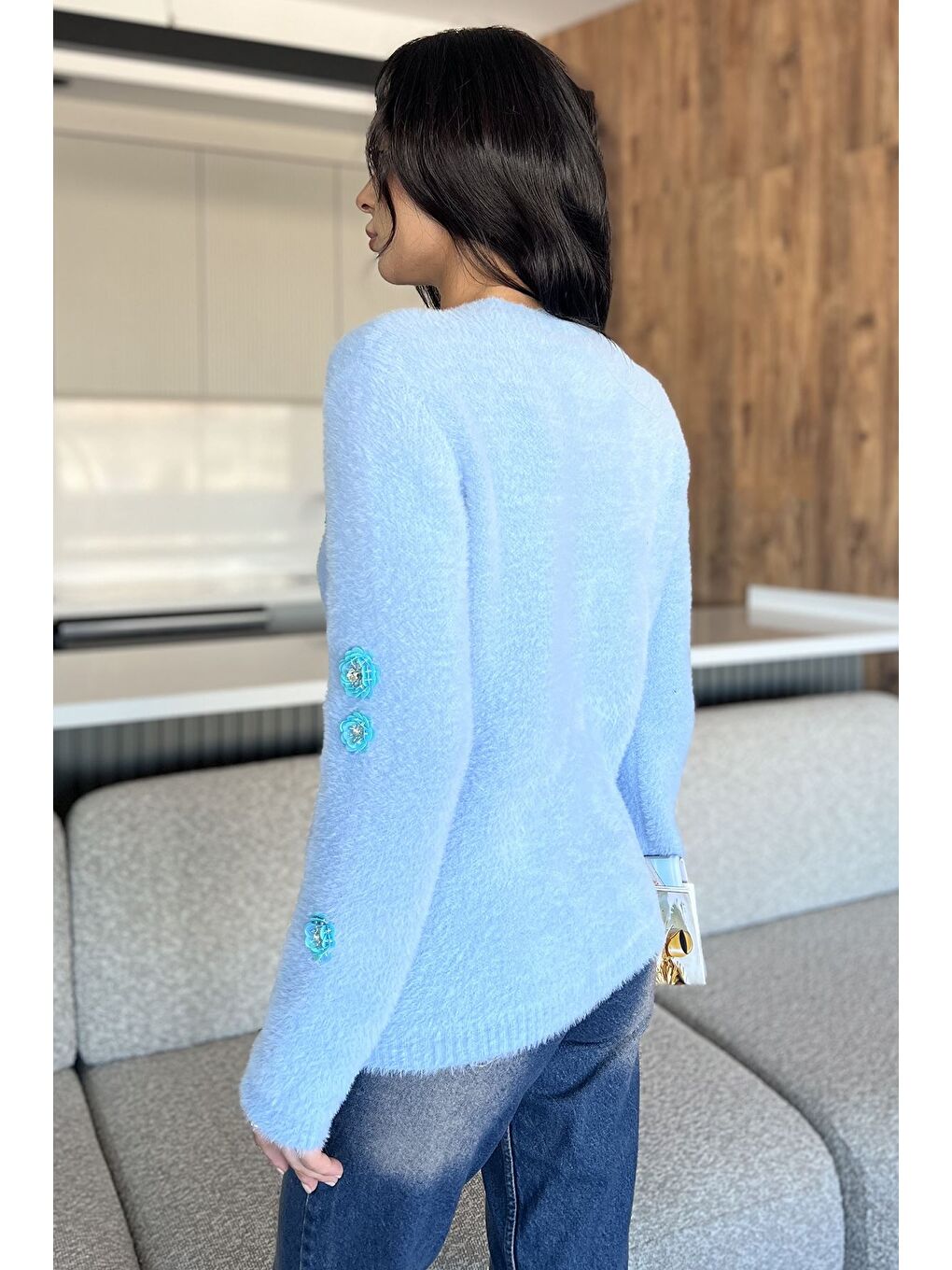 Mavi Kadın Pul İşlemeli Yumoş İplik Triko Ceket-3