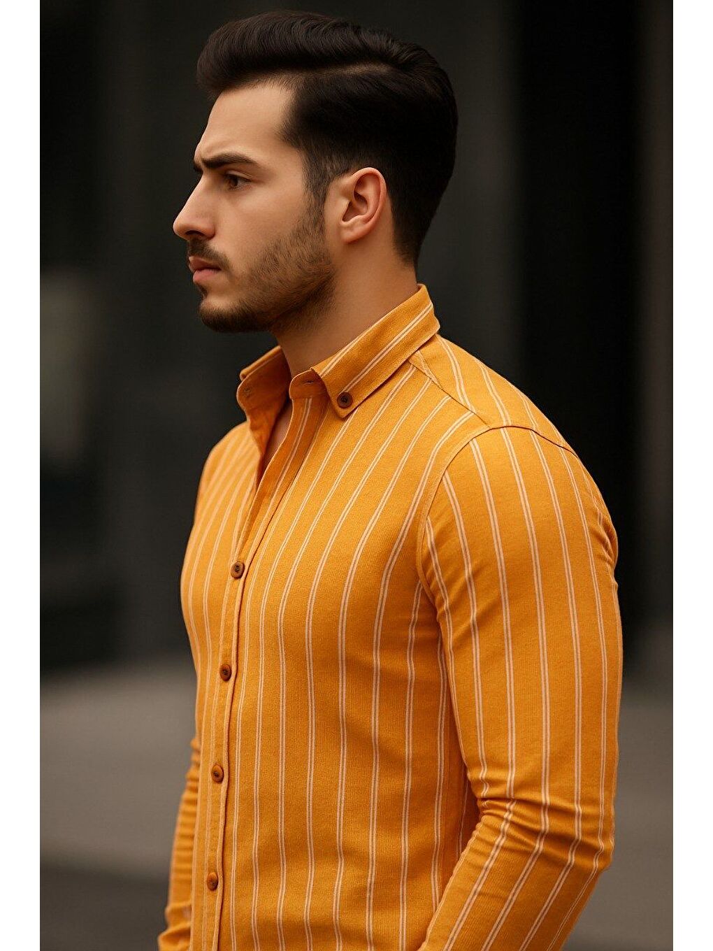 Turuncu Erkek Keten Kumaş Uzun Kollu Gömlek-1