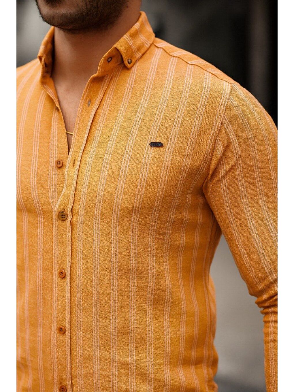 Turuncu Erkek Keten Kumaş Uzun Kollu Gömlek-2