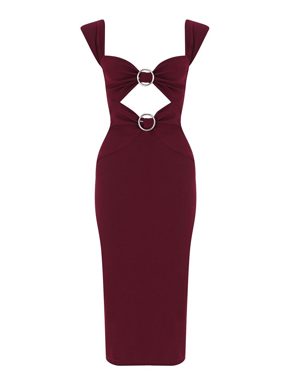 Bordo Düşük Kollu Göbek Ve Göğüs Halkalı Midi Boy Abiye Elbise-1