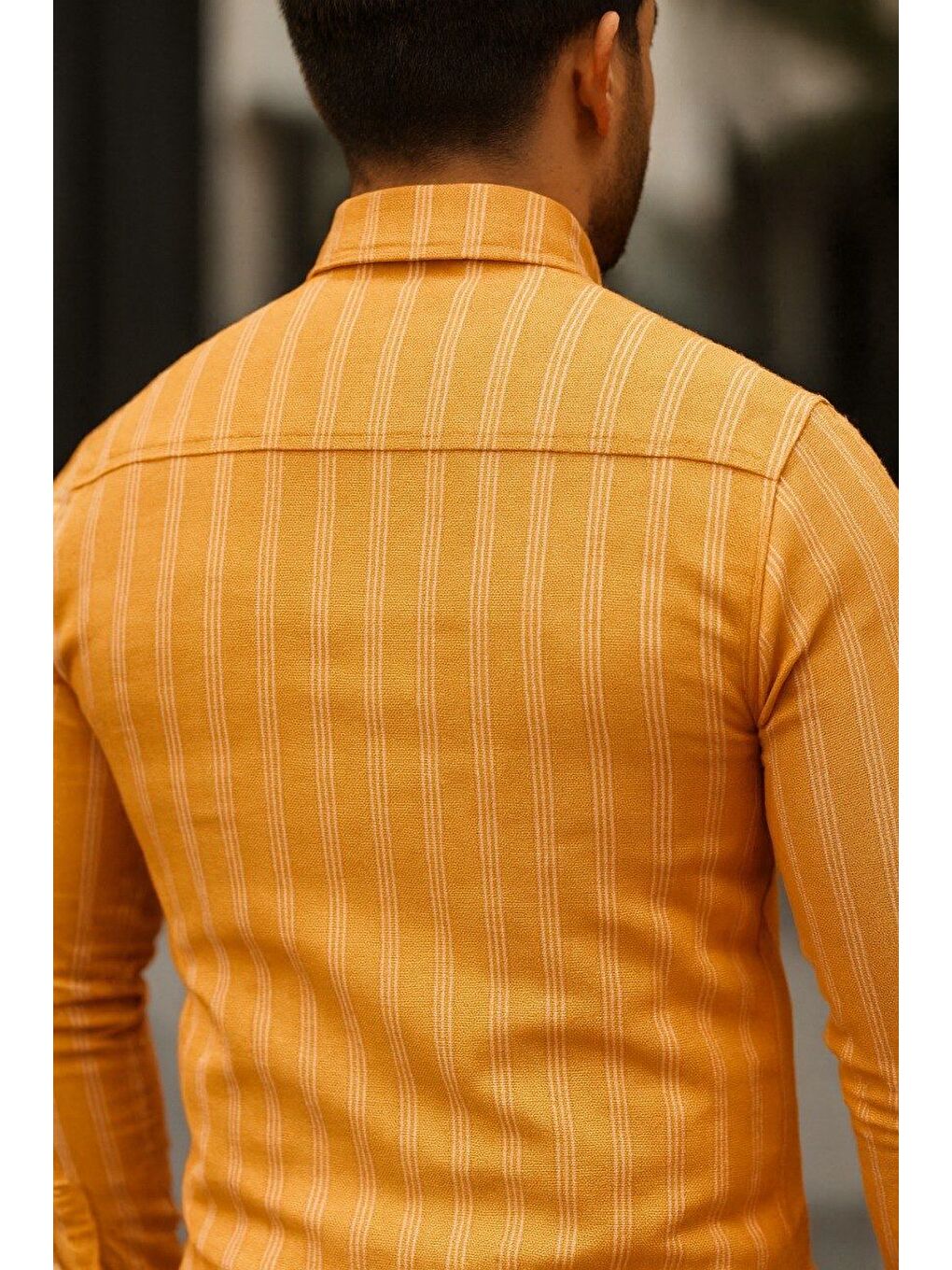 Turuncu Erkek Keten Kumaş Uzun Kollu Gömlek-3