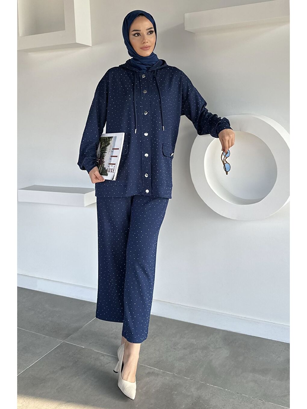 Lacivert Kapüşonlu Taşlı Hırka Pantolon Tesettür İkili Takım-3