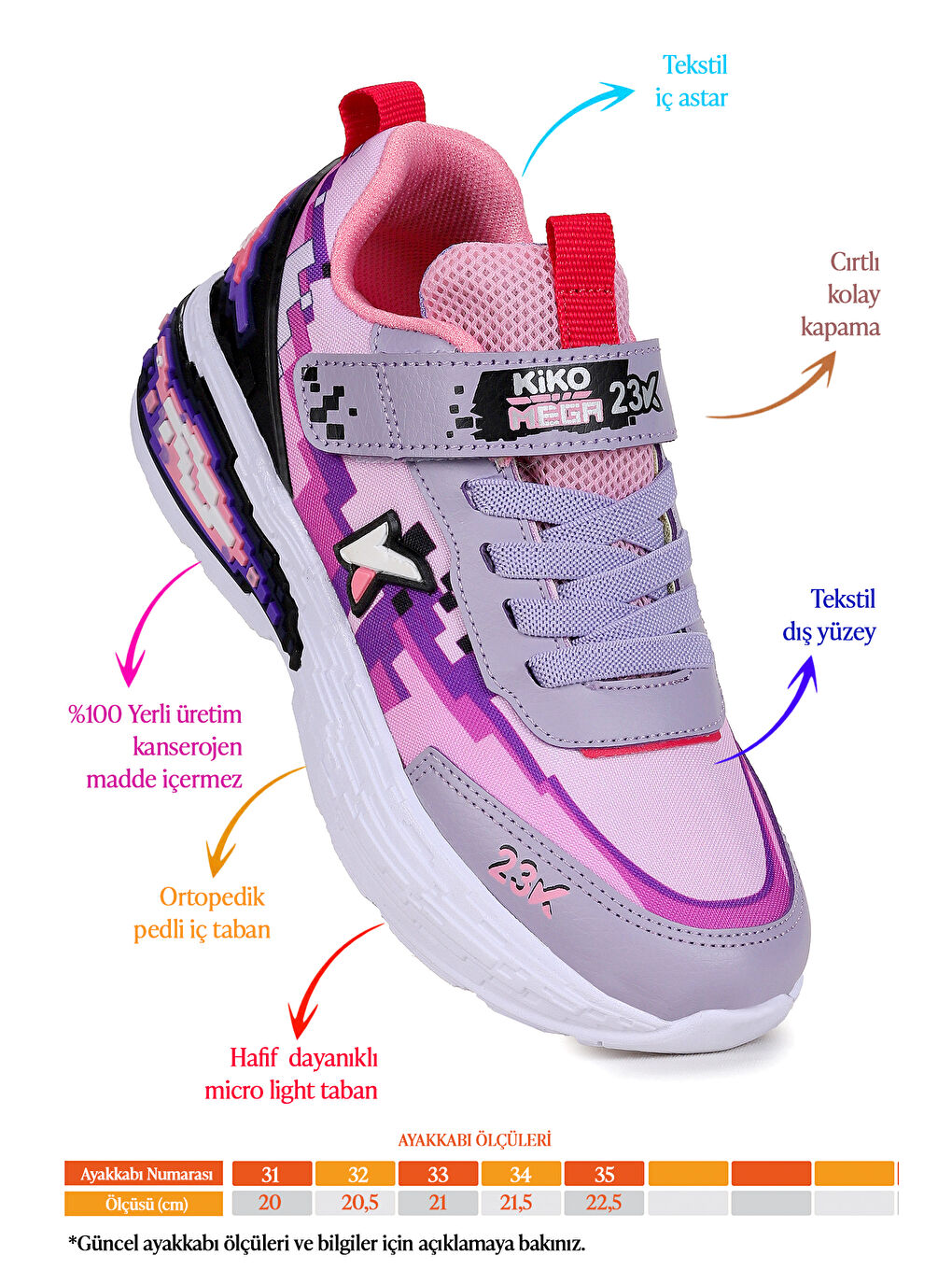 Lila Craft Günlük Cırtlı Kız Çocuk Spor Ayakkabı-1