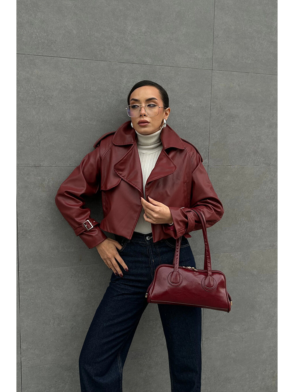 Kadın Bordo Crop Deri Ceket 0990-5055-6