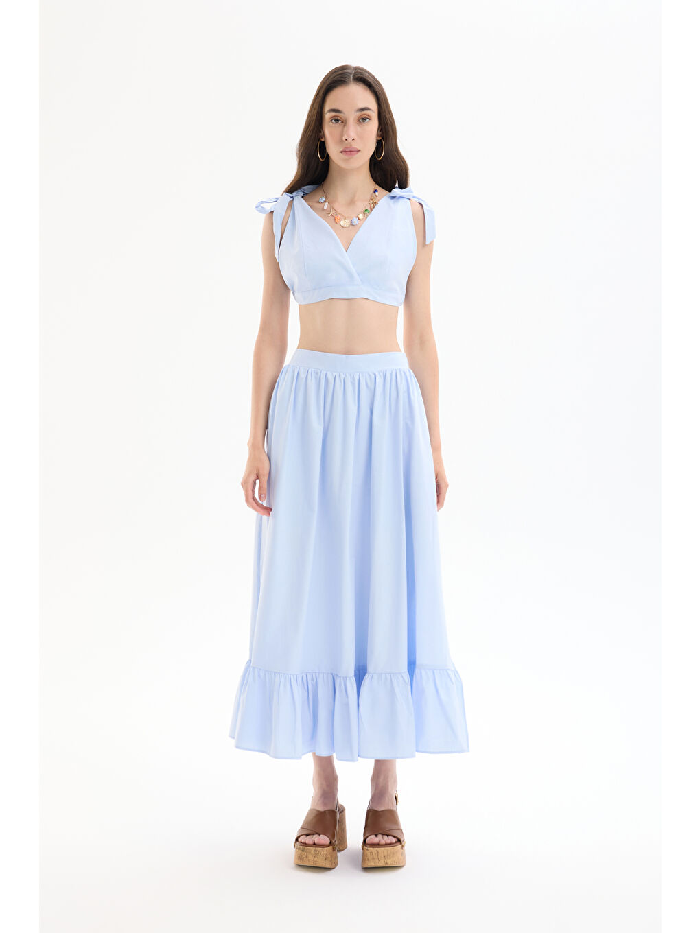 Bağlama Detaylı Kruvaze Büstiyer Bluz Mavi-2