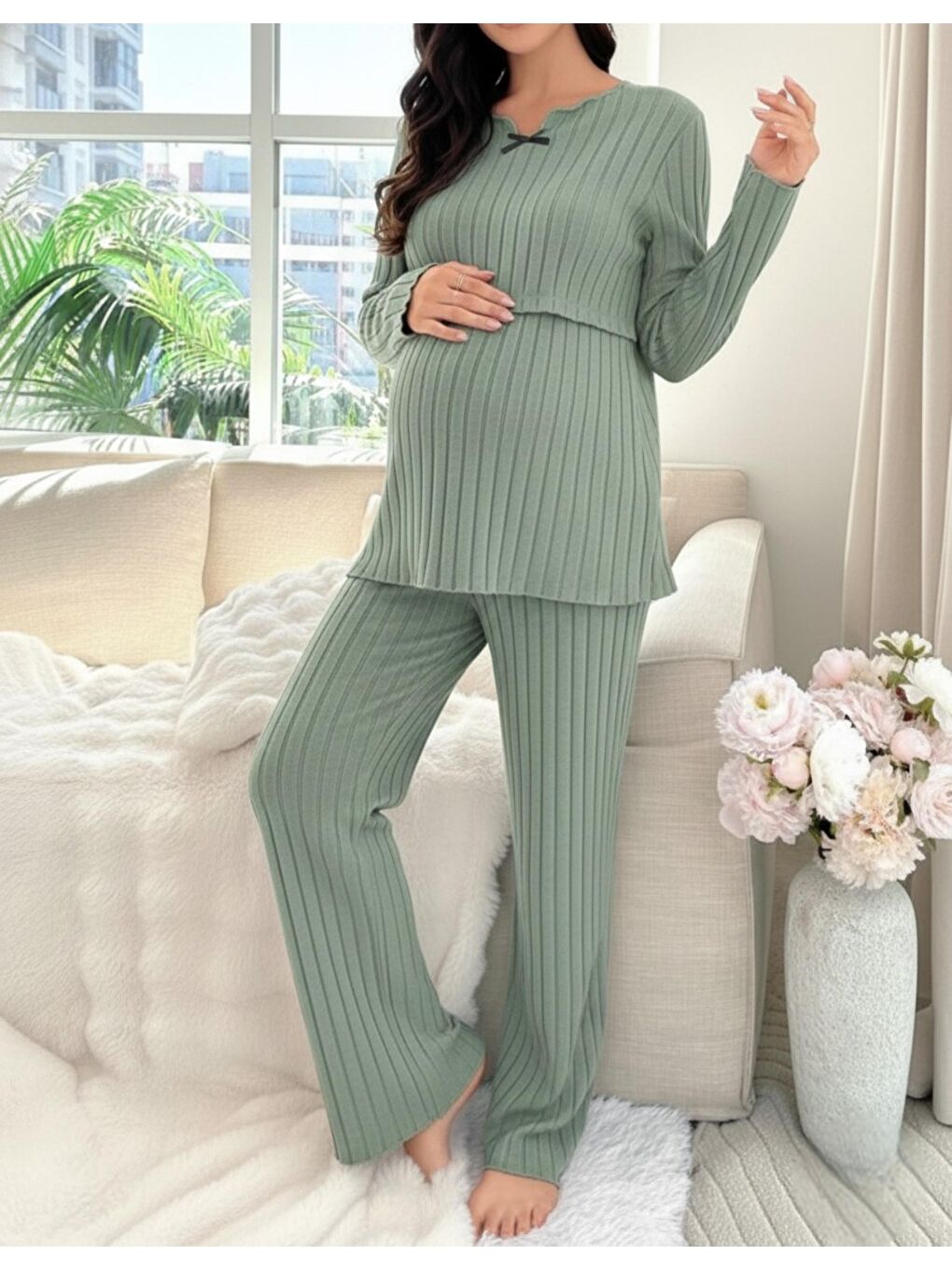 Yeşil Yumoş Dokulu Emzirmeye Uygun Ayarlanabilir Bel Destekli Hamile & Lohusa Pijama Takımı