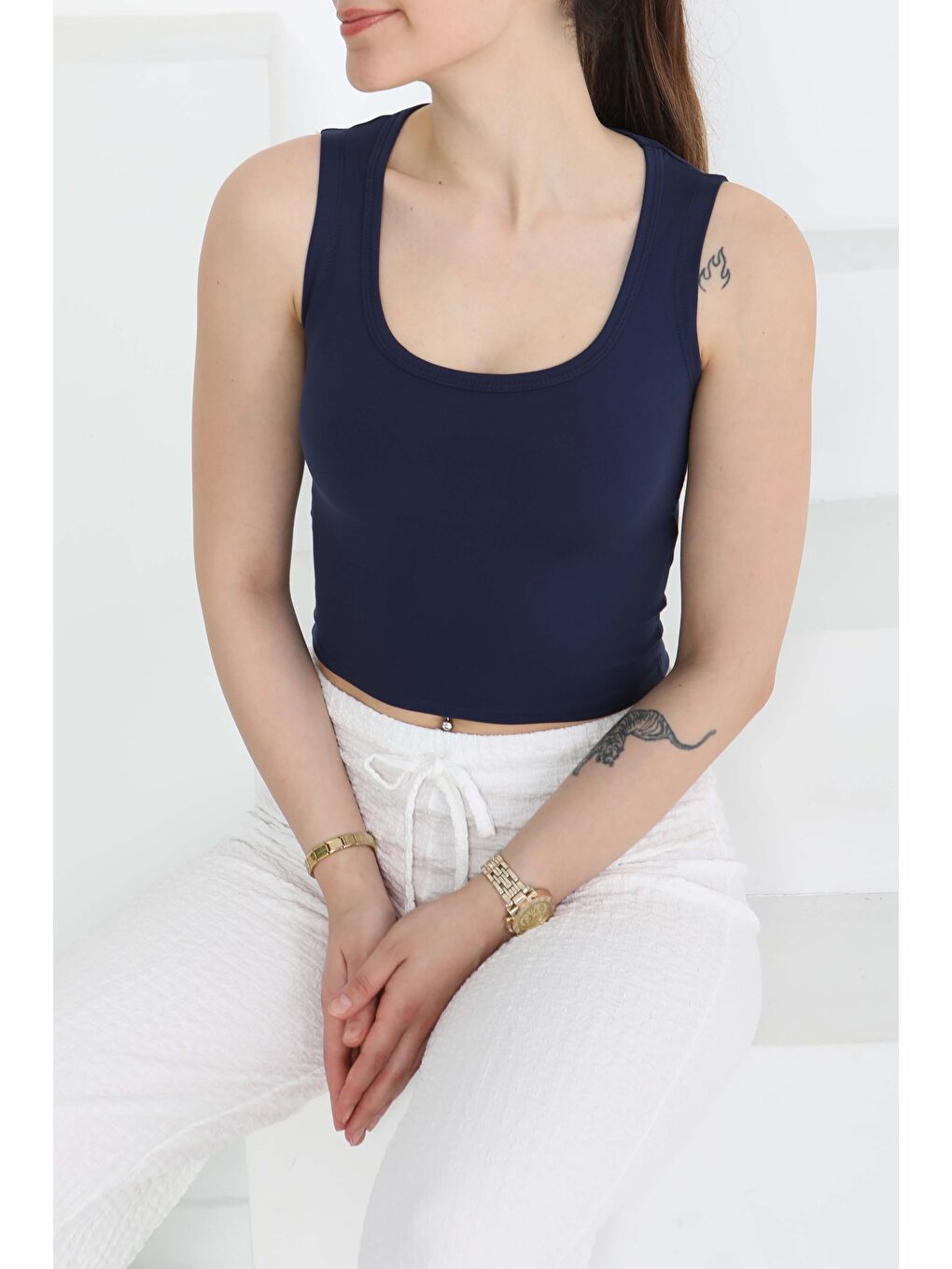 Cupralı Oval Yaka Crop Atlet Lacivert - 27278